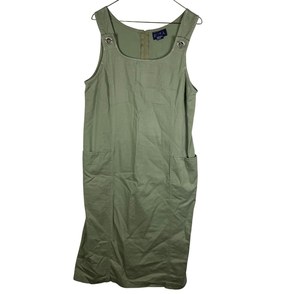 Blue J Vintage Cottagecore Gorpcore Womens Midi Pinafore Dress Green Cotton Med